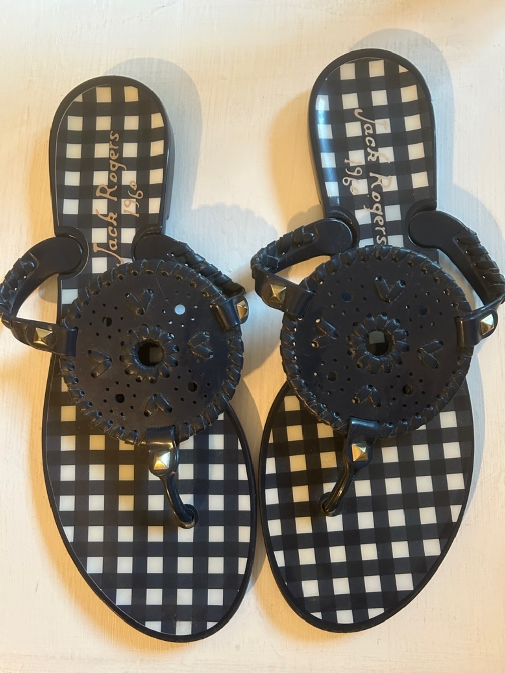 Jack Rogers Navy Gingham Medallion Jelly Sandals - size 9